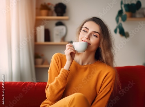 Woman drinking coffee or tea at home while sitting at couch