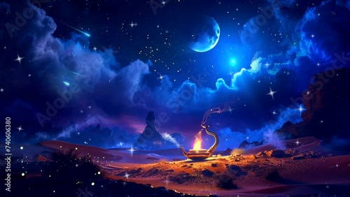 Moonlit Mirage: A Desert's Mystical Night, Where a Lamp Holds the Secrets of Genie Magic. Animated fantasy background, watercolor painting illustration style, seamless looping 4K video photo