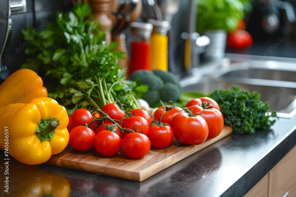 Vegetables on the counter by sink in a contemporary kitchen