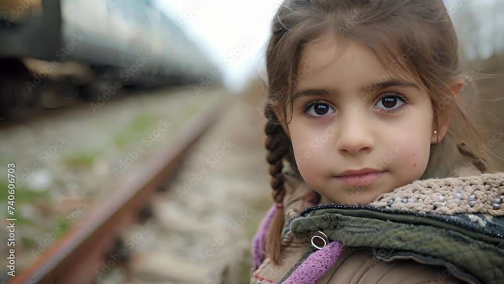 A young girl with a spark of hope in her eyes despite the trauma she has faced as she seeks asylum with her family, Little Girl With Backpack on a Train Track A young girl with a spark of hope in her eyes despite the trauma she has faced as she seeks asylum with her family, Little Girl With Backpack on a Train Track