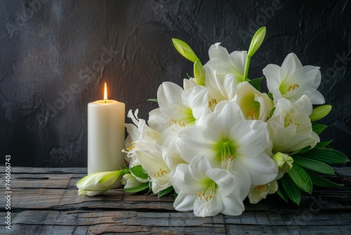 White amaryllis and candle arranged on wooden and black background
