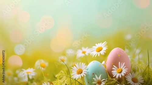 Colorful easter egg and daisies green background stock foto, in the style of motion blur panorama, light sky-blue and light beige, creative commons attribution, cute and colorful. photo