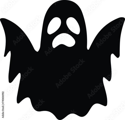 Ghost icon flat. Halloween concept, Cartoon Ghost, black ghost with eyes, spooky character, ghoul or spirit monsters silhouette with spooky faces. Horror holiday flying phantoms or nightmare