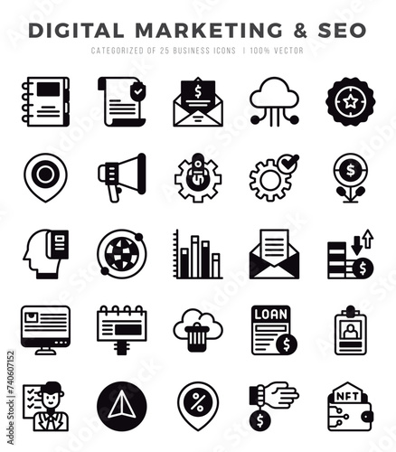 Collection of Digital Marketing & SEO 25 Lineal Filled Icons Pack.