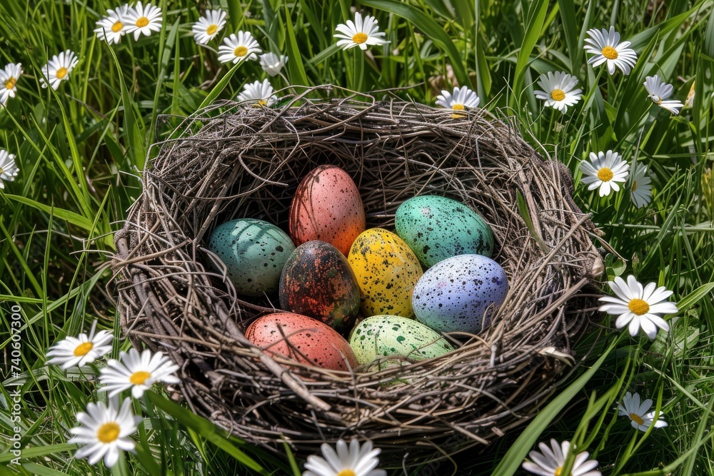 Happy Easter Eggs Basket religious card. Bunny hopping in flower free space decoration. Adorable hare 3d space for graphics rabbit illustration. Holy week easter festive hunt humor card Pint sized