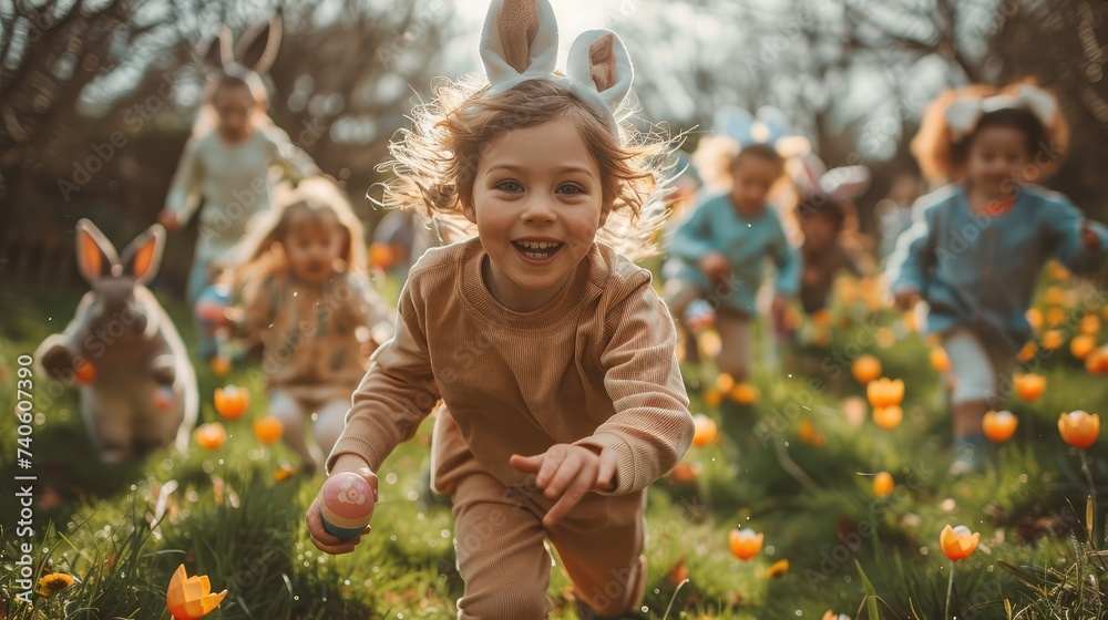 Easter Egg Hunt, Group Of Children Is Running To Pick Up easter Eggs In Garden. Generative AI. - obrazy, fototapety, plakaty 
