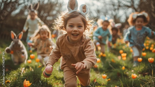 Easter Egg Hunt, Group Of Children Is Running To Pick Up easter Eggs In Garden. Generative AI.