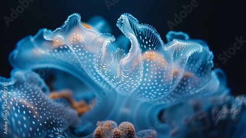 Macro Shot of a Jellyfish's Epidermis. Rich Blue Hues, Graceful Undulations, and Translucent Quality of Marine Creature. Aquatic Studies. Earth Day. AI Generated © Tatsiana