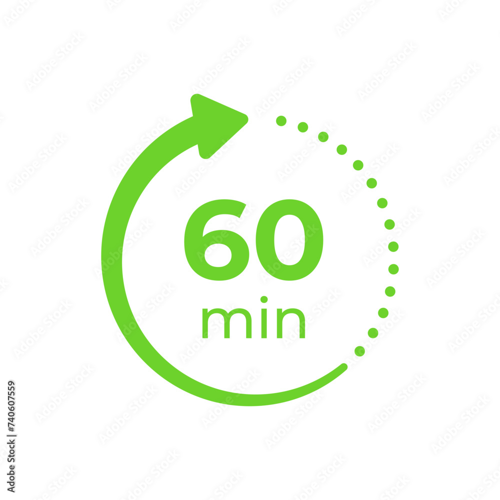 Icons with arrows and 60 minutes remaining. Illustration of time with arrow in modern style Icons with arrows and 60 minutes remaining. Illustration of time with arrow in modern style