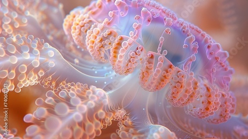 Close-Up of Jellyfish Tentacles with Vivid Orange and Pink Hues. Intricate Details and Patterns. Marine Biology and Natural Beauty. Earth Day. AI Generated © Tatsiana
