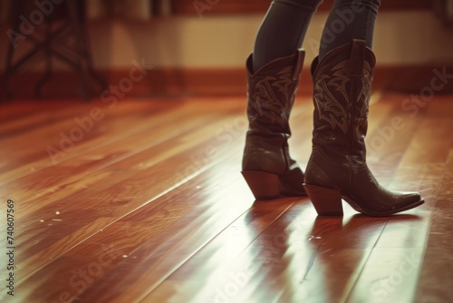 Women wearing cowboy boots line dance on a wooden floor