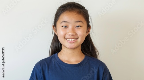 Smiling Young Girl in Blue Shirt, Perfect for Educational Content or Children's Apparel Advertising © R Studio