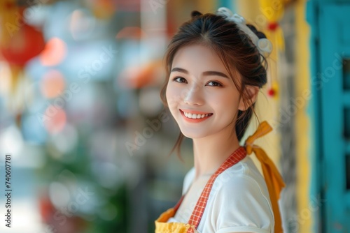 Young Asian cleaning maid woman smiling at camera in a portrait