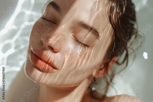 Young woman applying skincare product for healthy glowing skin photo