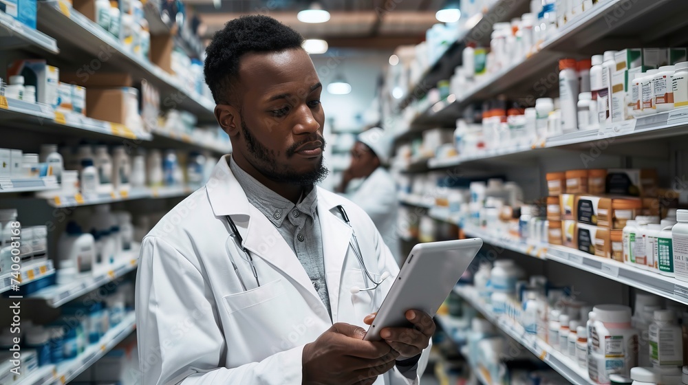 A professional man in a crisp white coat stands confidently in an indoor pharmacy, carefully examining a tablet while surrounded by neatly organized shelves of healthcare products and stylish clothin A professional man in a crisp white coat stands confidently in an indoor pharmacy, carefully examining a tablet while surrounded by neatly organized shelves of healthcare products and stylish clothin