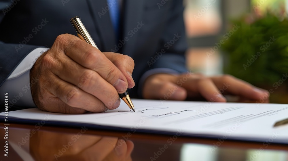 A person carefully signs their name on a document, their handwriting fluid and confident as they hold the pen provided by the office supplies, bringing the text to life with each stroke of the writin A person carefully signs their name on a document, their handwriting fluid and confident as they hold the pen provided by the office supplies, bringing the text to life with each stroke of the writin