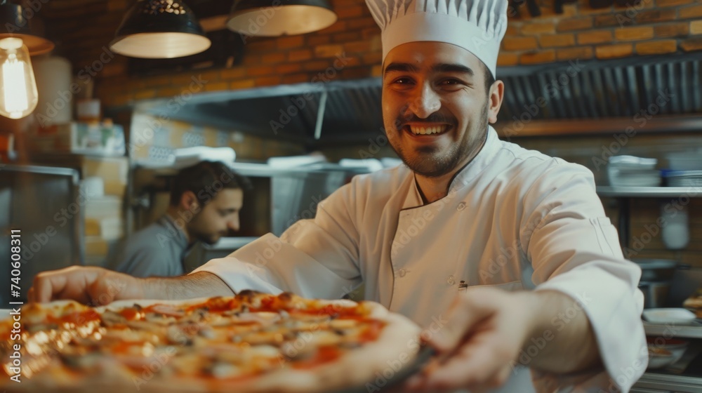A skilled chef proudly presents his mouth-watering pizza creation in the cozy atmosphere of his bustling indoor shop, his uniform adorned with flour and passion as he gazes up at the ceiling with a s