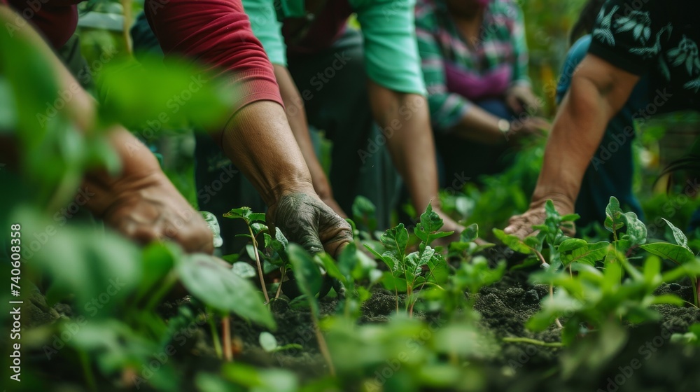 A diverse group of individuals clad in casual clothing are joyfully tending to the lush greenery in a sprawling outdoor field, carefully planting new plants in a beautiful garden A diverse group of individuals clad in casual clothing are joyfully tending to the lush greenery in a sprawling outdoor field, carefully planting new plants in a beautiful garden