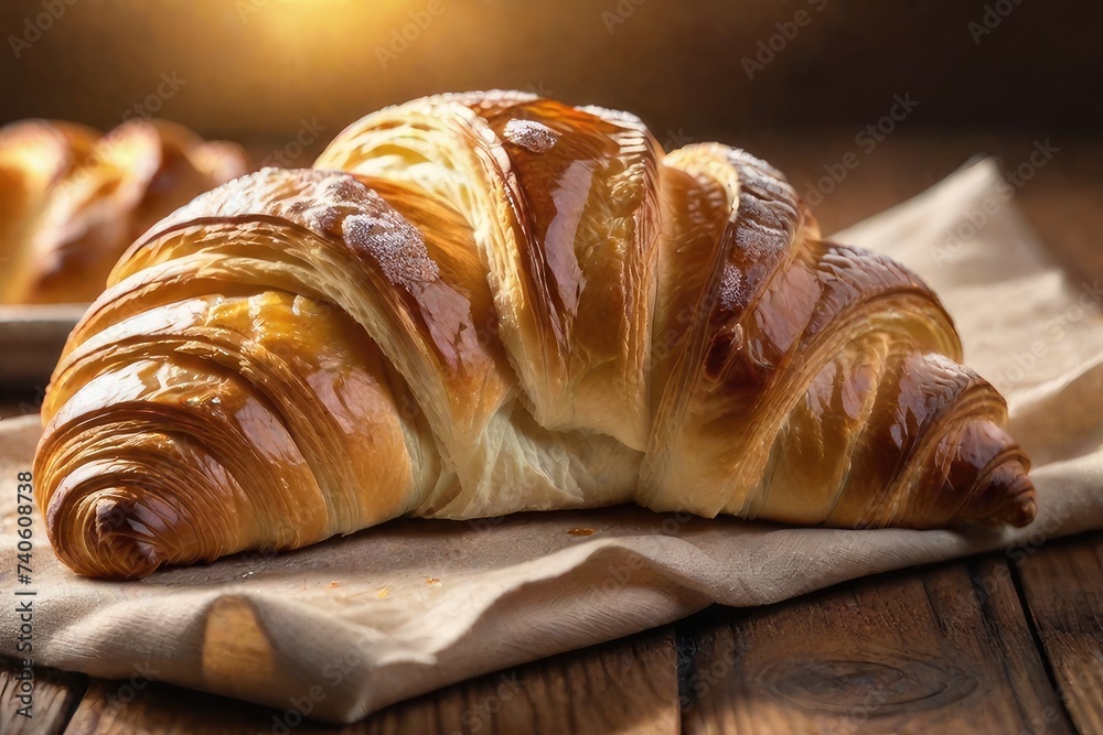 Croissant resting on a rustic wooden table Croissant resting on a rustic wooden table