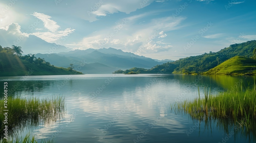 A picturesque lake nestled in the mountains, its crystal-clear waters reflecting the serene sky above and surrounded by lush green grass, a peaceful oasis in the heart of the breathtaking landscape o