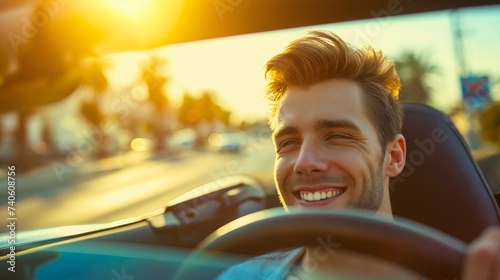 Handsome young man with beard smiling and driving a convertible cabriolet open top or open roof car on a sunny summer day on the city street, freedom trip or travel outdoors 