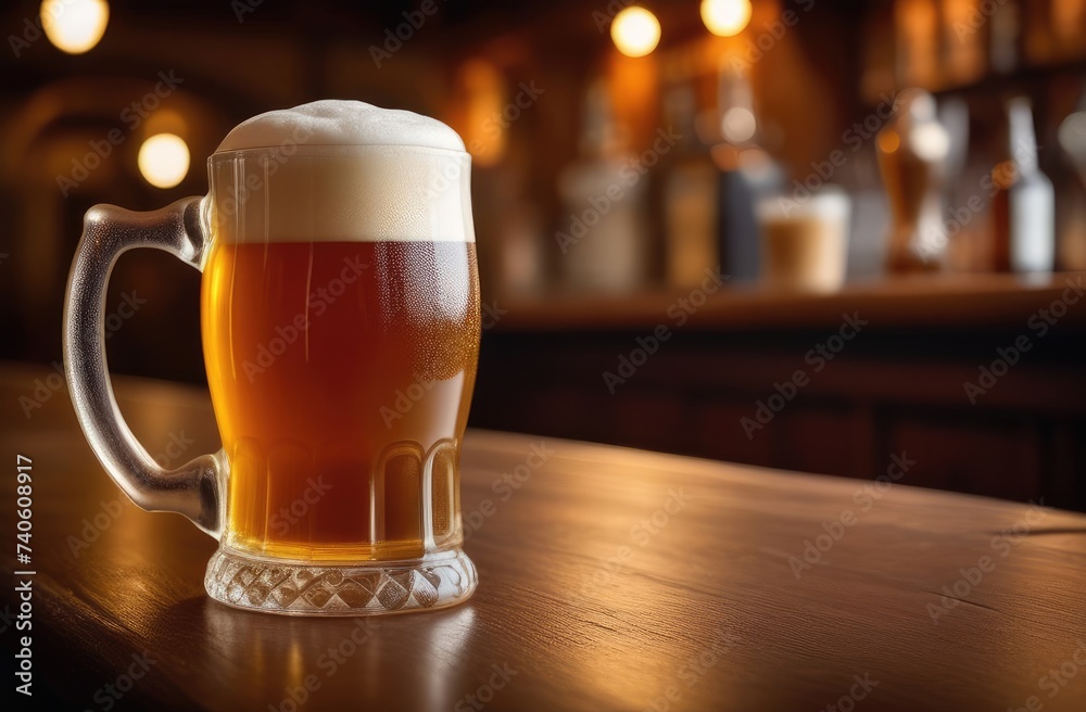 Amber beer in mug with frothy head on bar counter with copyspace, bottles, glasses in background.