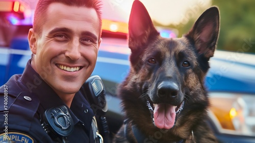 Handsome young policeman and his German shepherd police dog closeup, looking at the camera and smiling, standing in front of the police car outdoors on a summer day. Police officer and his pet photo