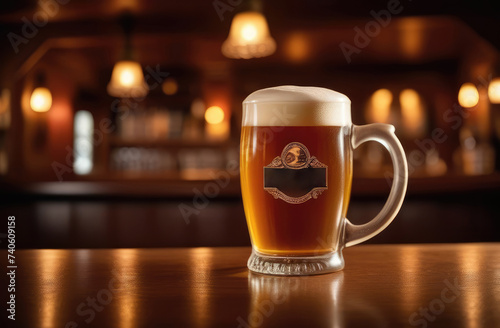Amber beer in mug with frothy head on bar counter with copy space, empty tavern in background.