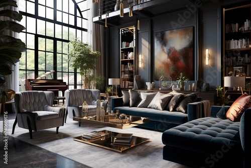 Glamorous Loft Living Room: Hollywood Vibes with Velvet Upholstered Sofa © Michael