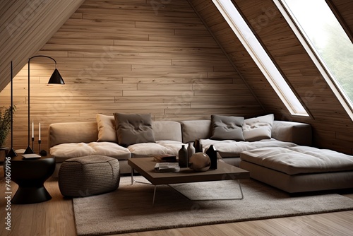 Gleaming Geometric: Minimalist Loft Living Room with Abstract Wood Paneling and Stylish Rug Patterns
