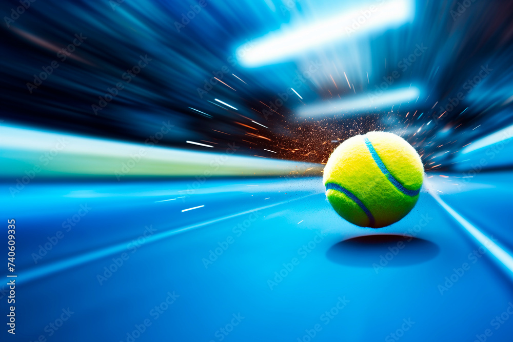 Tennis ball ace strike on a blue court in motion blur