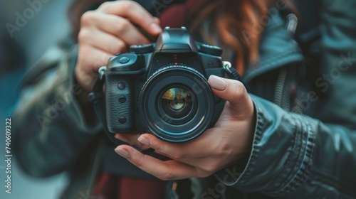 A woman stands confidently, her hand holding a digital camera, ready to capture the beauty of the world through the lens of her trusty optical instrument