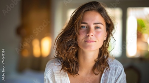 A smiling woman with long brown hair and a white shirt stands against a wall  her expressive eyebrows and soft lips adding depth to the portrait