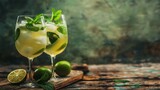 Two refreshing cocktails garnished with limes and mint leaves, evoking thoughts of classic drinks like the gimlet and caipirinha, perfect for an outdoor summer gathering