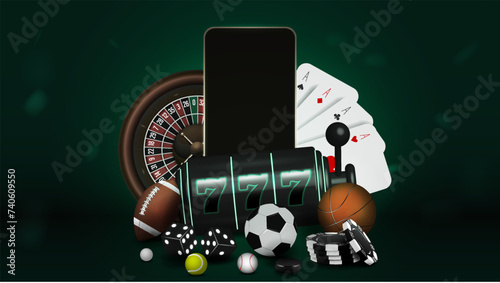 A web banner with a slot machine, cards, roulette, smartphone, poker chips and dice and soccer, basketball, tennis and baseball balls. A concept for casinos and sports betting.