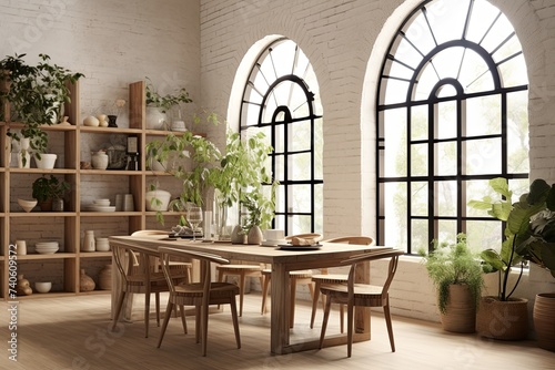 Arch Windows, Mediterranean Loft Style: Nordic Plant Decor Dining Room Ideas