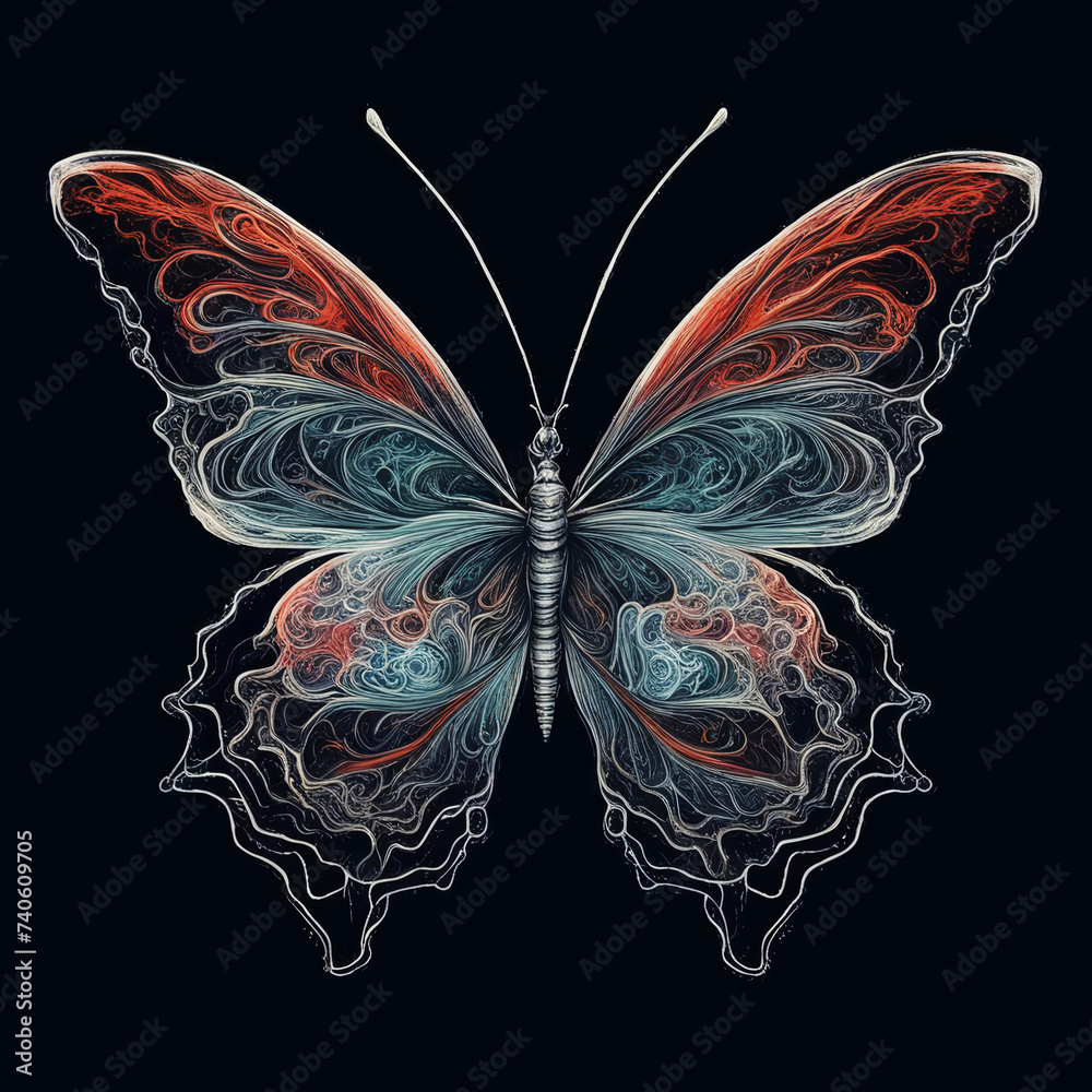 stylish colored butterflies, flying insect. graphic drawing. artificial intelligence generator, AI, neural network image. background for the design.