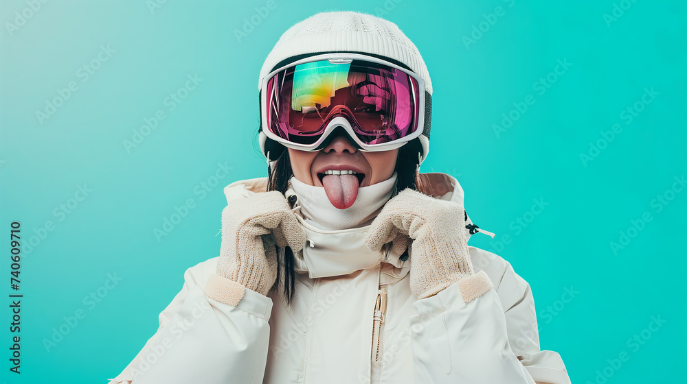 Snowboarder fun woman wear ski padded jacket hold take off goggles mask show tongue wink isolated on studio background. Winter extreme sport hobby weekend trip relax concept Snowboarder fun woman wear ski padded jacket hold take off goggles mask show tongue wink isolated on studio background. Winter extreme sport hobby weekend trip relax concept
