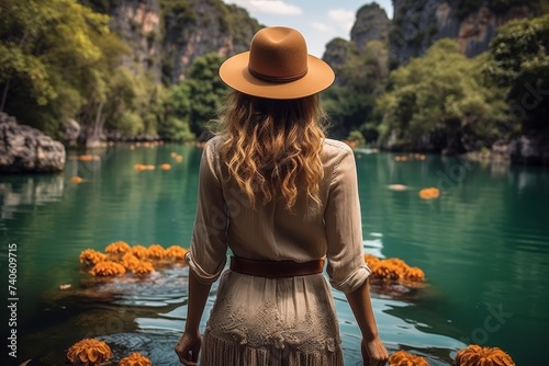 Travel summer vacation concept, Happy solo traveler asian woman with hat relax and sightseeing on Thai longtail boat photo