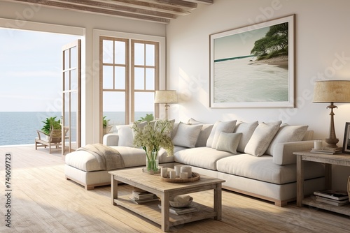 Laminate Flooring Loft-Inspired Coastal Living Room Interiors: Serene Ambiance Showcase © Michael