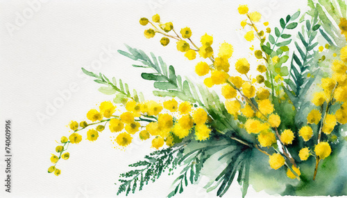 Watercolour of a mimosa on pure white background canvas, copyspace on a side