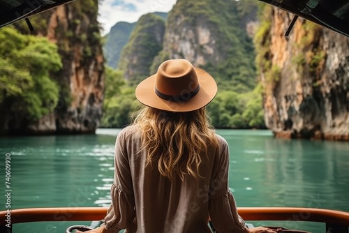 Travel summer vacation concept, Happy solo traveler asian woman with hat relax and sightseeing on Thai longtail boat