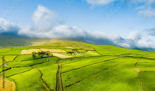 Aerial view of endless lush pastures and farmlands of Ireland's Dingle Peninsula. Irish countryside with emerald green fields and meadows. Rural landscape on sunset. photo