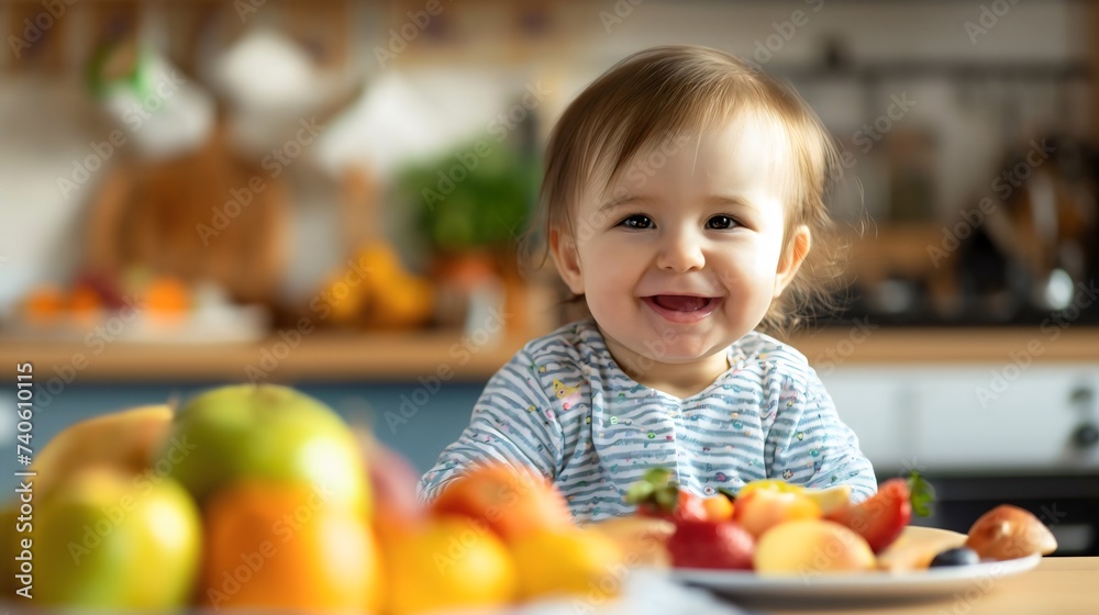 Closeup of a beautiful newborn toddler baby eating sitting at a kitchen table full of raw fruits and vegetables on a plate. Healthy, fresh and organic nutrition for an infant boy or girl indoors Closeup of a beautiful newborn toddler baby eating sitting at a kitchen table full of raw fruits and vegetables on a plate. Healthy, fresh and organic nutrition for an infant boy or girl indoors