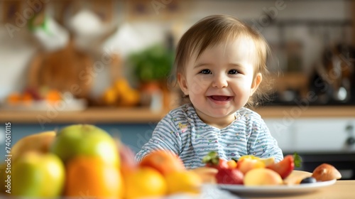 Closeup of a beautiful newborn toddler baby eating sitting at a kitchen table full of raw fruits and vegetables on a plate. Healthy  fresh and organic nutrition for an infant boy or girl indoors