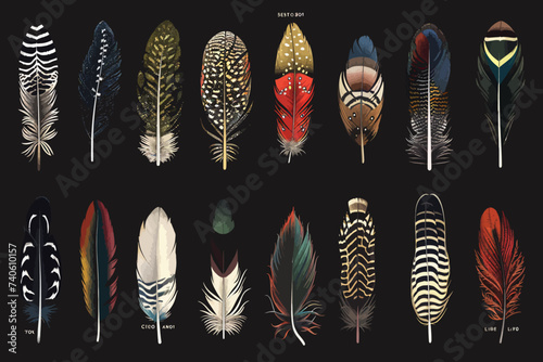 a bunch of different colored feathers on a black background © Thuan