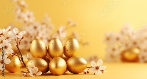 golden eggs, flowers, and gold leaf shaped chocolates on a yellow background.