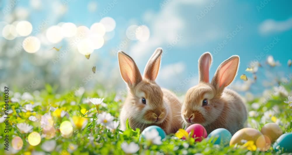 Cute Easter bunnies with colorful eggs in meadow under blue sky Cute Easter bunnies with colorful eggs in meadow under blue sky