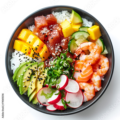 Top view poke bowl set  with salmon, shrimp, avocado, mango,  rice with soy sauce and sesame dressing, isolated on white background photo