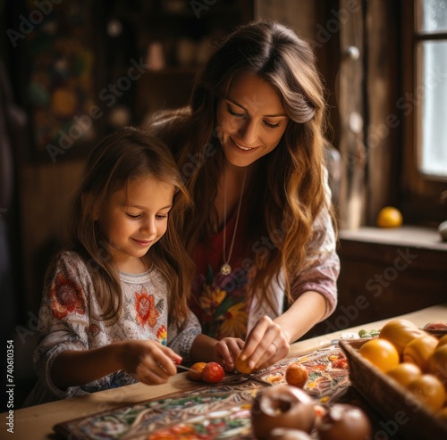 mother helping daughter to paint easter eggs